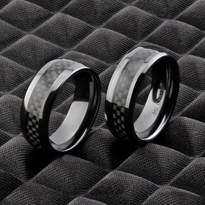 Black Ceramic Carbon Fiber Inlay Wedding Band Comfort Fit Ring | Men Women Band  | 8mm