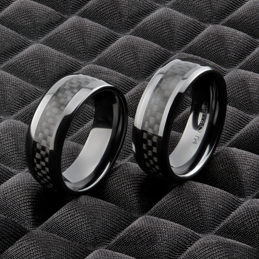 Black Ceramic Carbon Fiber Inlay Wedding Band Comfort Fit Ring | Men Women Band  | 8mm