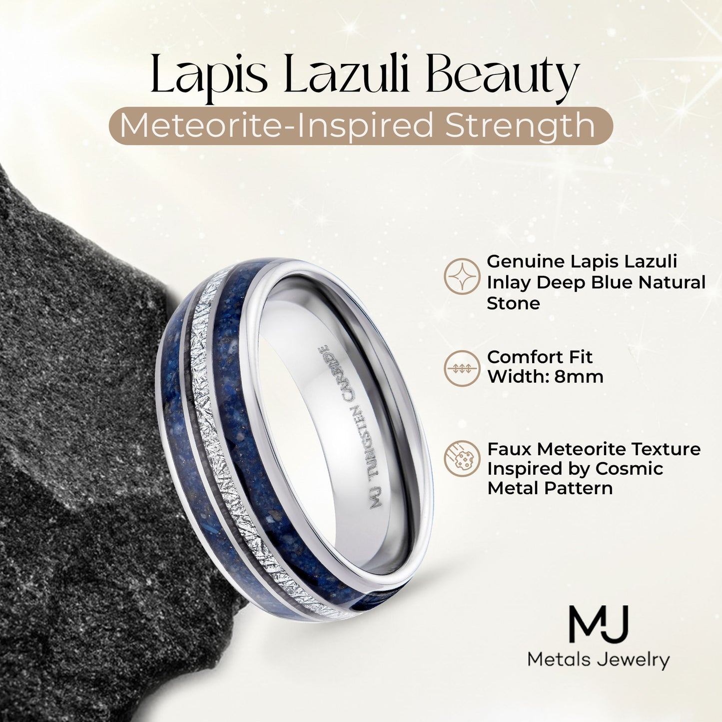 Tungsten Carbide 8mm Polished Finish with Lapis Lazuli and Faux Meteorite Inlay Comfort Fit
