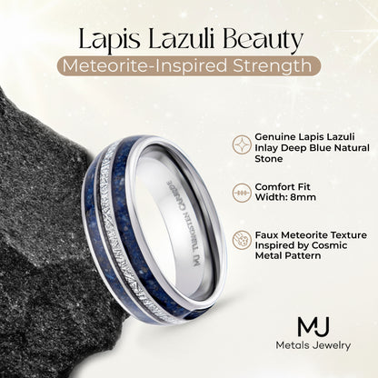 Tungsten Carbide 8mm Polished Finish with Lapis Lazuli and Faux Meteorite Inlay Comfort Fit
