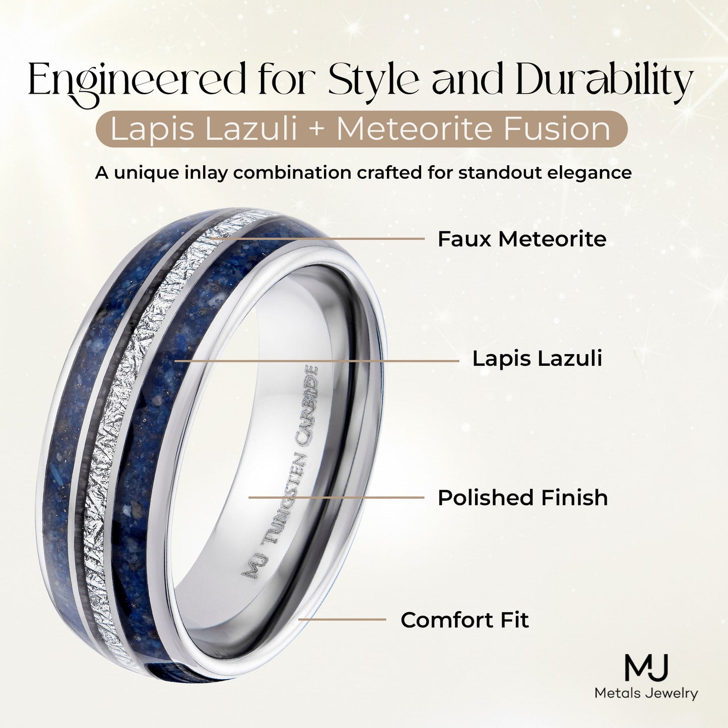 Tungsten Carbide 8mm Polished Finish with Lapis Lazuli and Faux Meteorite Inlay Comfort Fit
