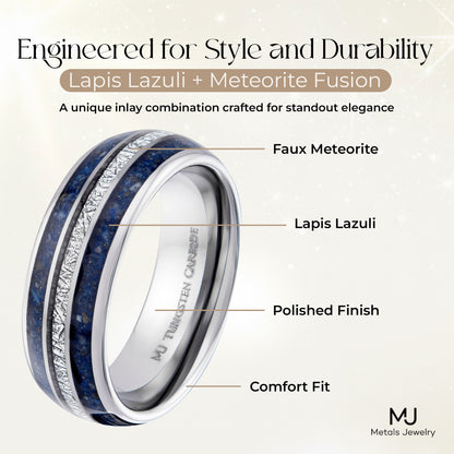 Tungsten Carbide 8mm Polished Finish with Lapis Lazuli and Faux Meteorite Inlay Comfort Fit