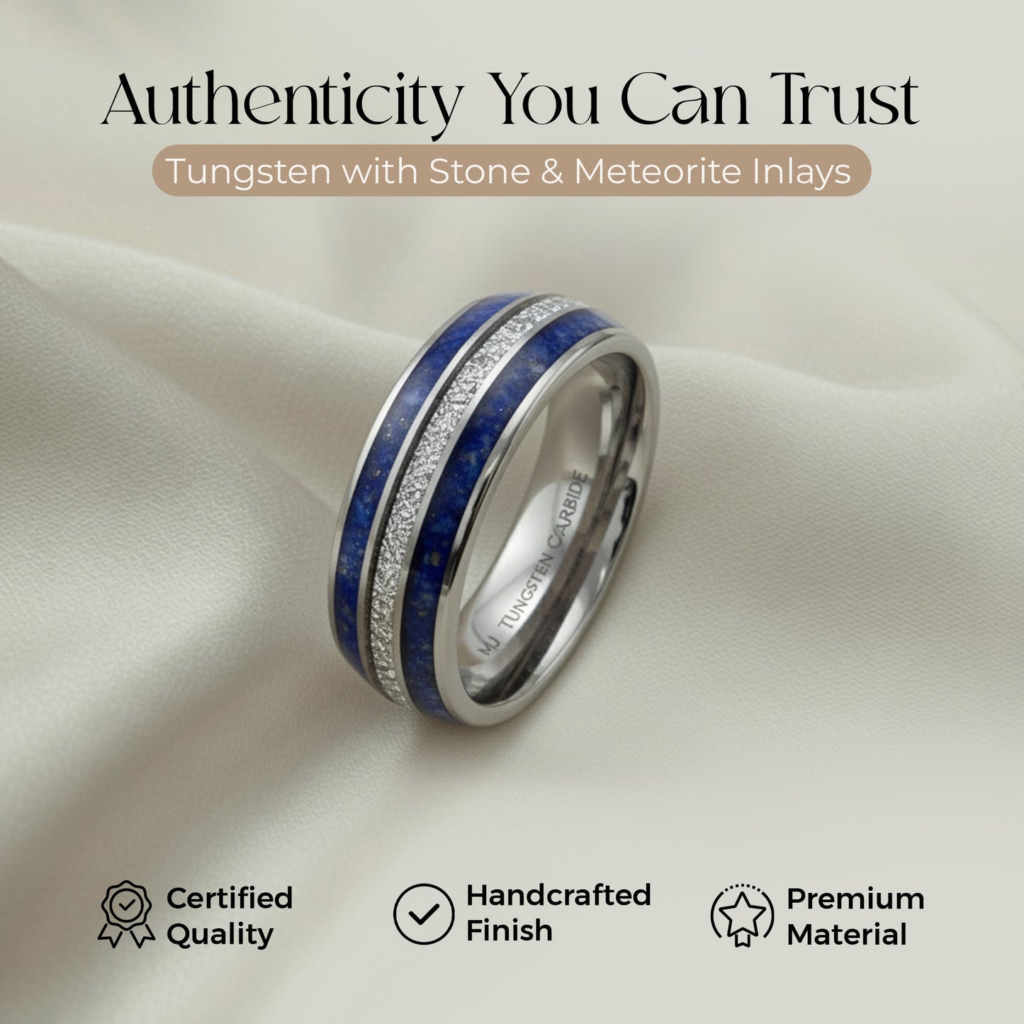 Tungsten Carbide 8mm Polished Finish with Lapis Lazuli and Faux Meteorite Inlay Comfort Fit