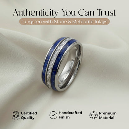 Tungsten Carbide 8mm Polished Finish with Lapis Lazuli and Faux Meteorite Inlay Comfort Fit