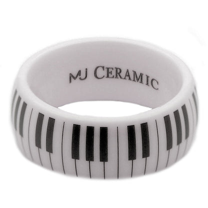 White Ceramic Piano Keyboard Wedding Band High Polished Ring | Comfort Fit Band | Musician Music