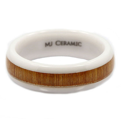 White Ceramic Wedding Band, Inlay Made from Real Koa Wood