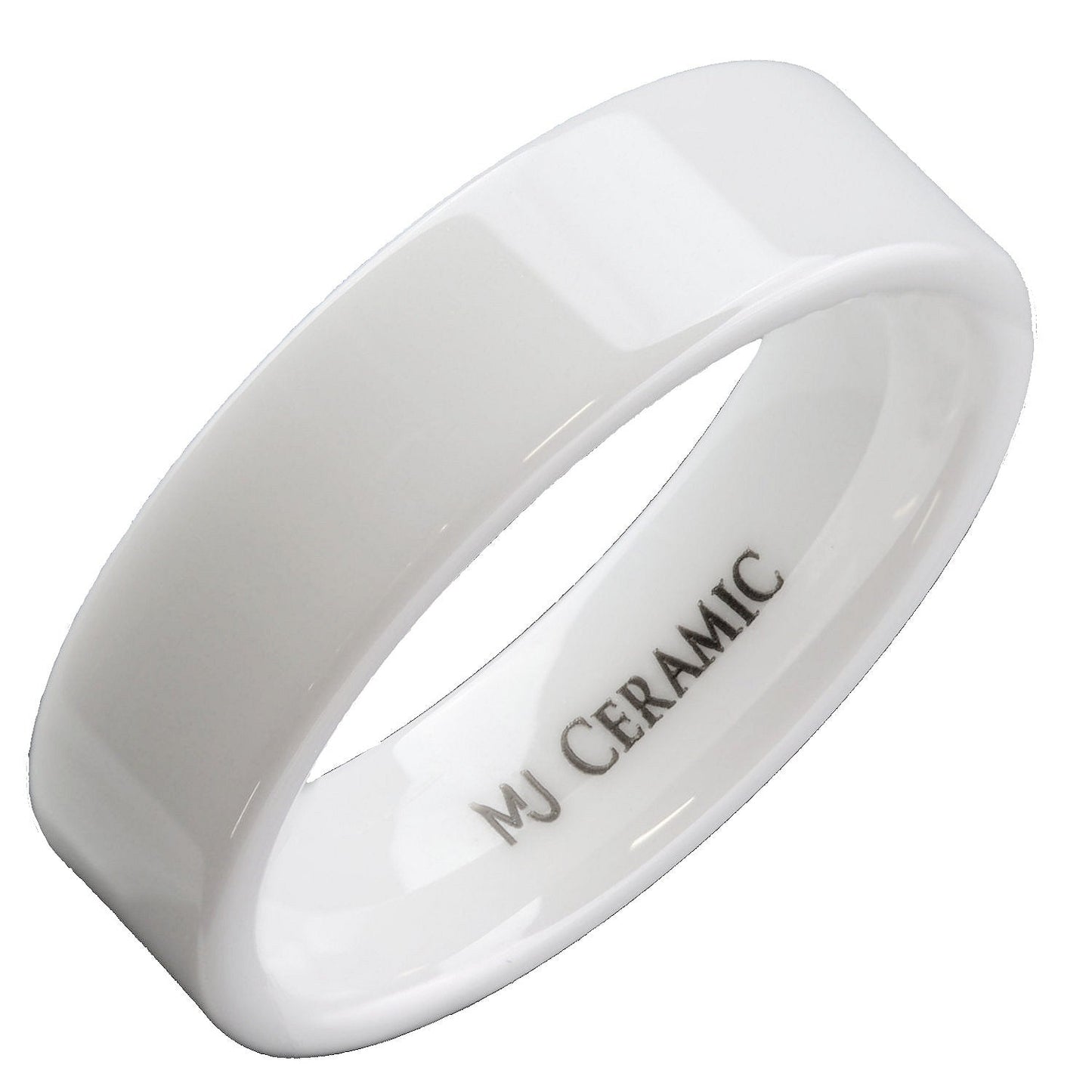 White Ceramic 4, 6, 8 or 10mm Wedding Band Flat Pipe Cut Polished Ring