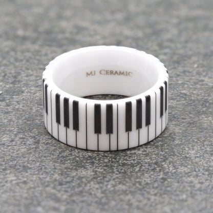 White Ceramic Piano Keyboard Wedding Band High Polished Ring | Comfort Fit Band | Musician Music