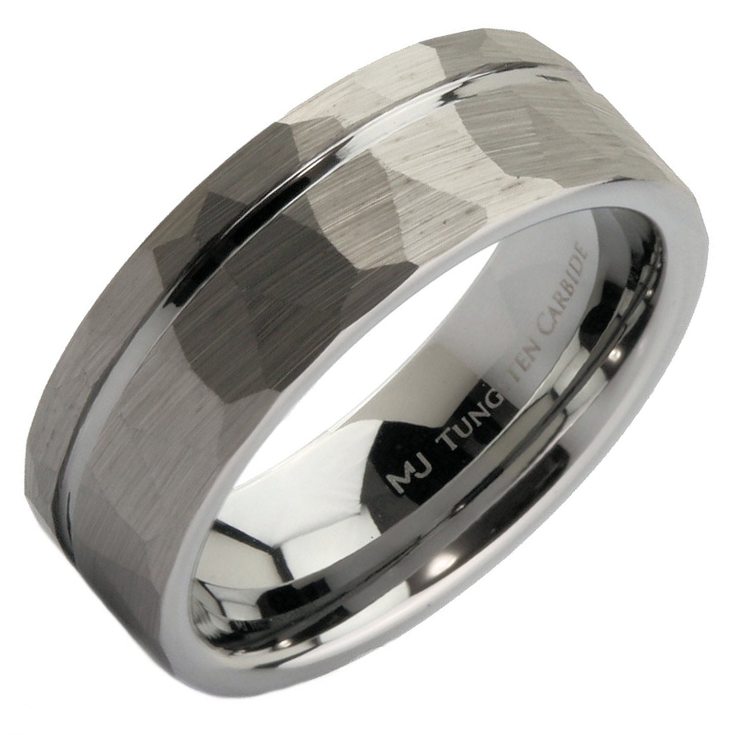 Brushed Hammered Tungsten Carbide Offset Groove with Blue Wood Inlay - Comfort Fit 8mm