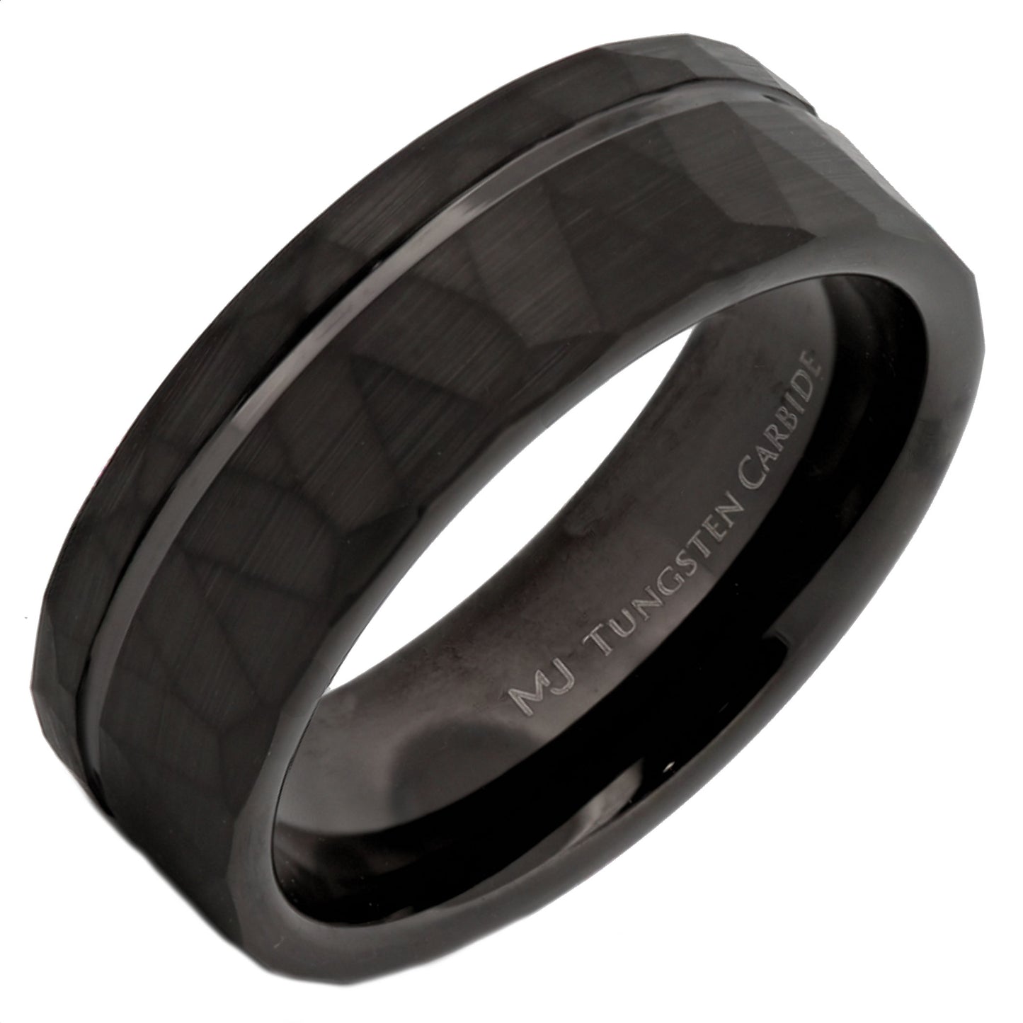 Brushed Hammered Tungsten Carbide Offset Groove with Blue Wood Inlay - Comfort Fit 8mm