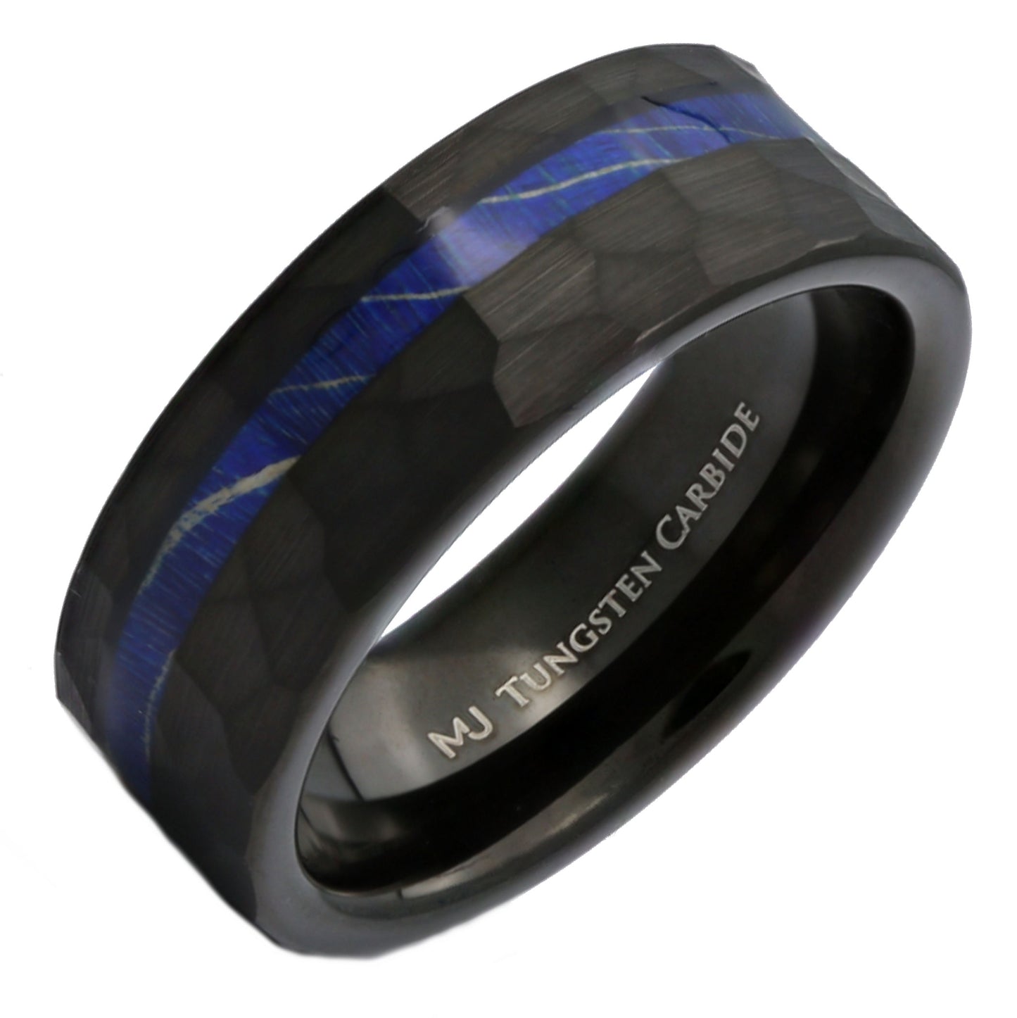 Brushed Hammered Tungsten Carbide Offset Groove with Blue Wood Inlay - Comfort Fit 8mm