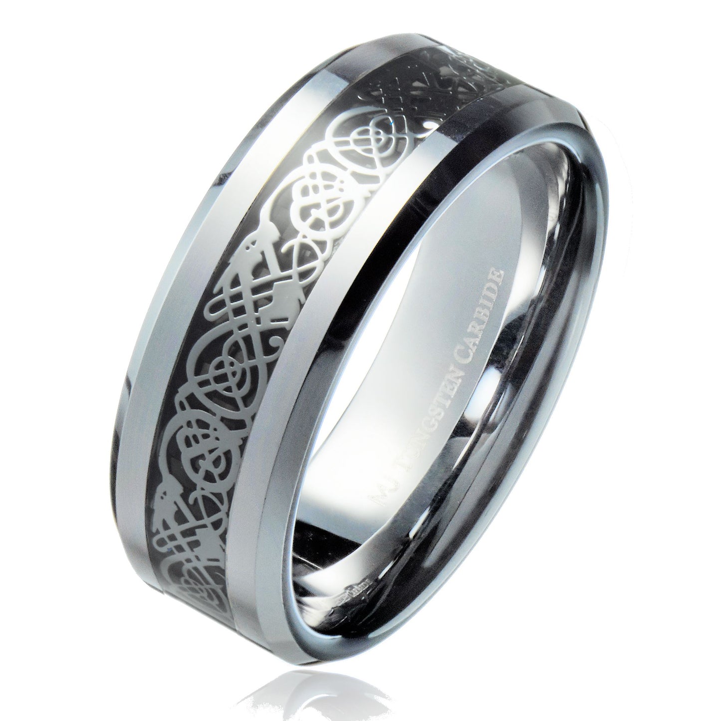 Celtic Dragon Inlay Tungsten Carbide Wedding Ring Black Background comfort fit 8mm
