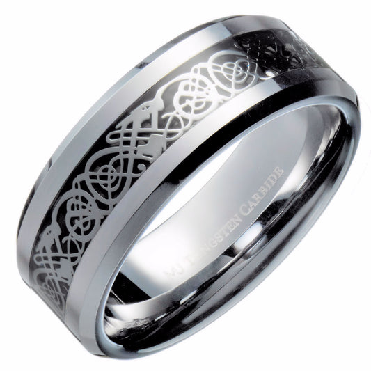 Celtic Dragon Inlay Tungsten Carbide Wedding Ring Black Background comfort fit 8mm