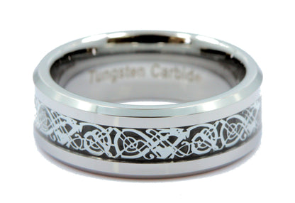 Celtic Dragon Inlay Tungsten Carbide Wedding Ring Black Background comfort fit 8mm