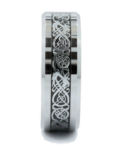 Celtic Dragon Inlay Tungsten Carbide Wedding Ring Black Background comfort fit 8mm