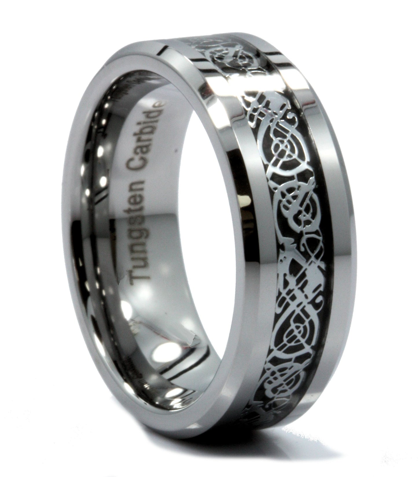 Celtic Dragon Inlay Tungsten Carbide Wedding Ring Black Background comfort fit 8mm