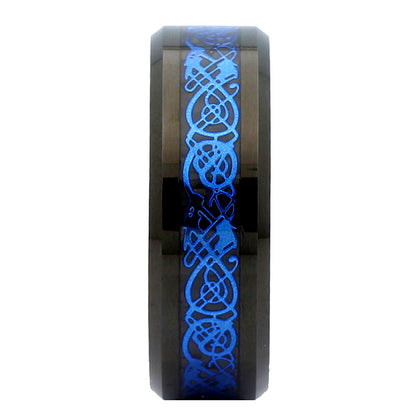 Black Plated Tungsten Carbide Wedding Ring - Embrace Dual Styles with Blue or Silver Celtic Dragon Inlay Band (Comfort Fit, 8mm)
