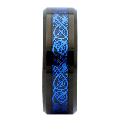 Black Plated Tungsten Carbide Wedding Ring - Embrace Dual Styles with Blue or Silver Celtic Dragon Inlay Band (Comfort Fit, 8mm)