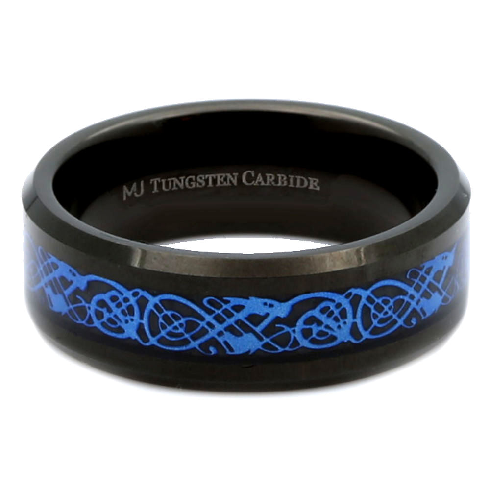 Black Plated Tungsten Carbide Wedding Ring - Embrace Dual Styles with Blue or Silver Celtic Dragon Inlay Band (Comfort Fit, 8mm)