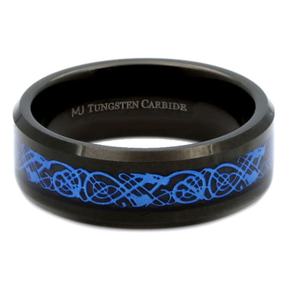 Black Plated Tungsten Carbide Wedding Ring - Embrace Dual Styles with Blue or Silver Celtic Dragon Inlay Band (Comfort Fit, 8mm)