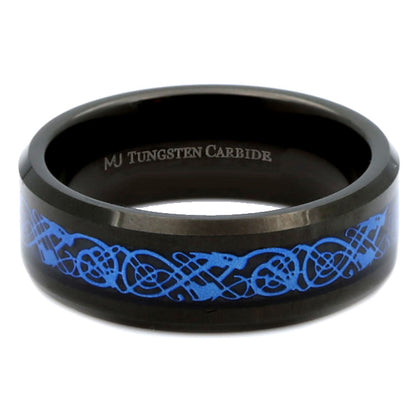 Black Plated Tungsten Carbide Wedding Ring - Embrace Dual Styles with Blue or Silver Celtic Dragon Inlay Band (Comfort Fit, 8mm)
