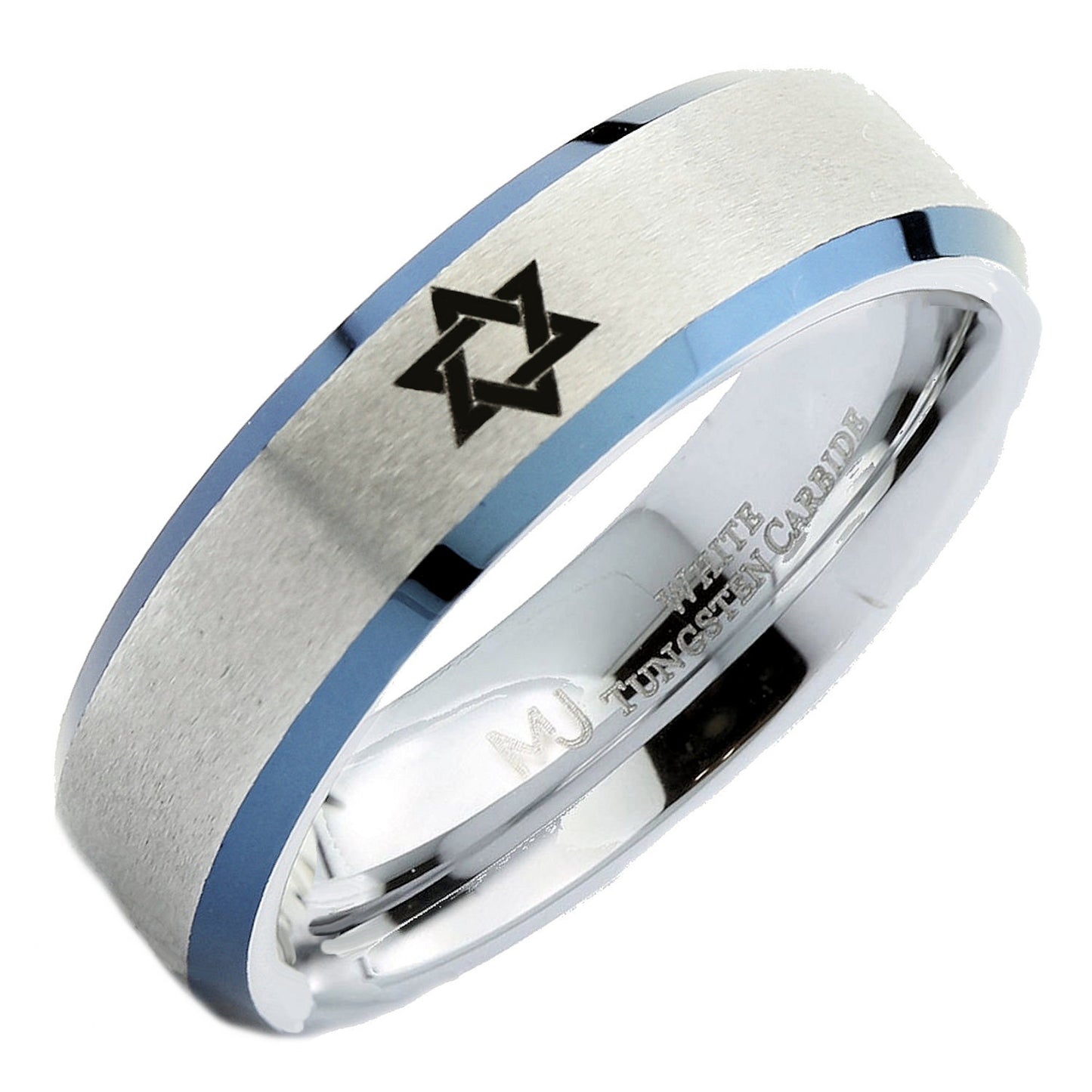 Star fo David ring 6mm polished White Tungsten Carbide Band unique Made to order
