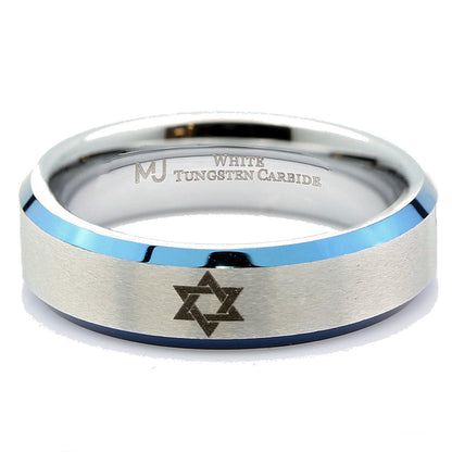 Star fo David ring 6mm polished White Tungsten Carbide Band unique Made to order