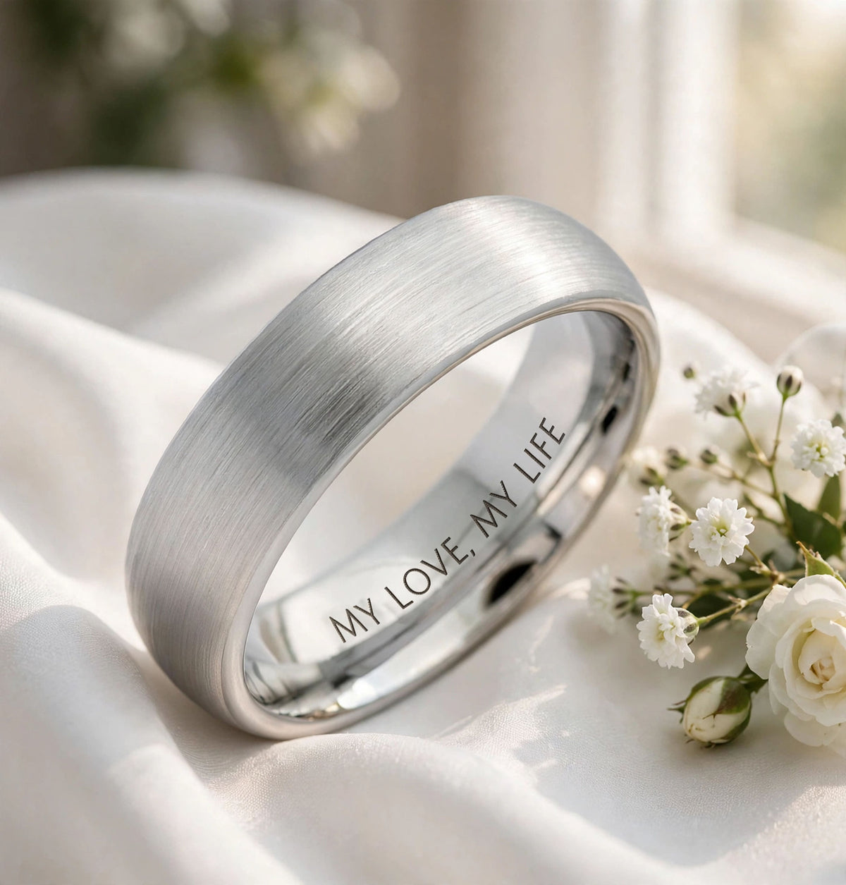 3mm or 6mm White Tungsten Carbide Brushed Domed Wedding Ring Comfort Fit