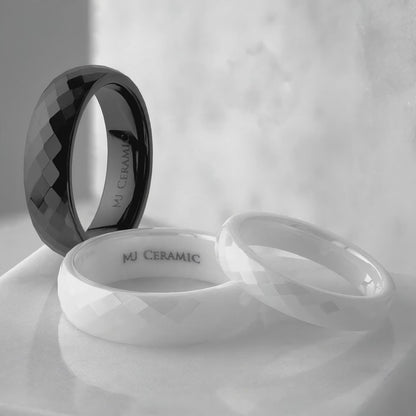 Faceted Ceramic Ring White or Black Wedding Band Comfort Fit