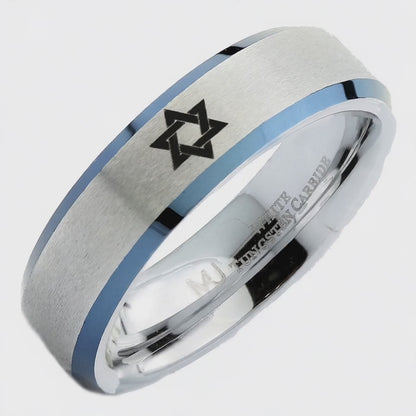 Star fo David ring 6mm polished White Tungsten Carbide Band unique Made to order