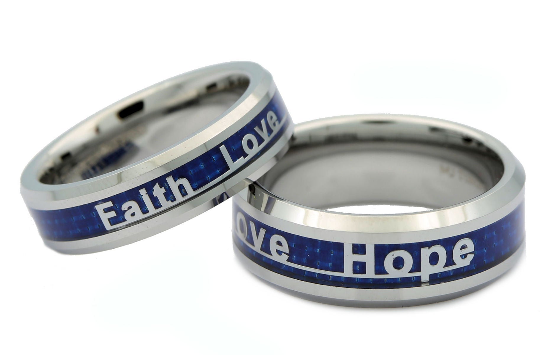 Faith Love Hope Ring Tungsten Carbide 6mm or 8mm Blue Carbon Fiber